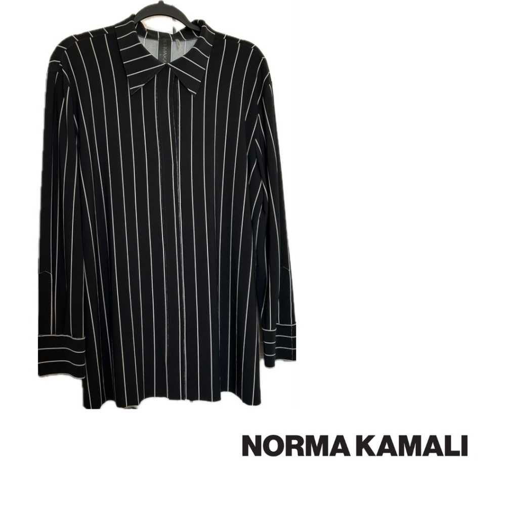 Norma Kamali Stretch Oversized Jersey Shirt Black/White Stripe Size Small